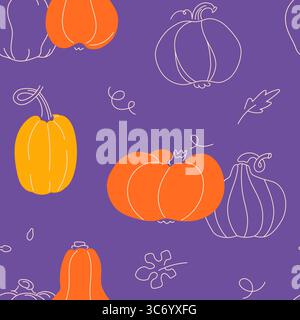 Doodle Pumpkins Seamless Pattern on purple background. Hand drawn fall harvest season print design. Stock Vector