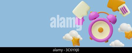 Autumn time morning banner design. Modern plastic 3d alarm clock, speech bubbles with copy space. Stock Vector