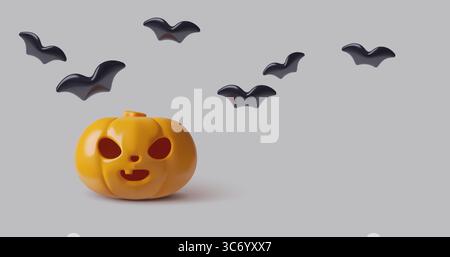 3D Halloween orange pumpkin with cut scary smile and black flying bats horizontal holiday background Stock Vector