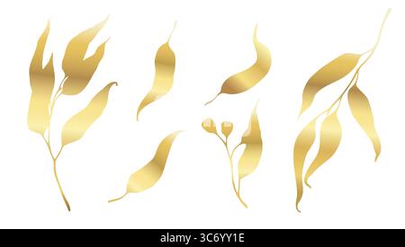 Autumn leaves silhouette with gold gradient. Eucalyptus branches with long leaves and seeds Stock Vector