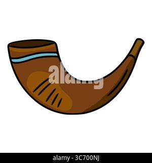 A detailed vector illustration of a shofar, a rams horn, featuring a light blue band and distinct carvings, ideal for Rosh Hashanah celebrations and J Stock Vector