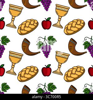 Seamless vector pattern of Rosh Hashanah symbols: chalice, shofar, apple, challah bread, and grapes, perfect for festive design and backgrounds. Stock Vector