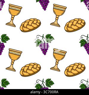 Seamless vector pattern featuring chalice, braided bread, and grapes, illustrating Rosh Hashanah symbols in a vibrant, hand-drawn style. Stock Vector