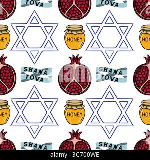 Seamless vector pattern featuring hand-drawn illustrations of pomegranates, honey pots, Star of David symbols, and Shana Tova ribbon banners, celebrat Stock Vector