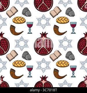 Seamless vector pattern with hand-drawn Rosh Hashanah symbols: pomegranate, shofar, challah, wine goblet, Star of David, and fish head, ideal for fest Stock Vector