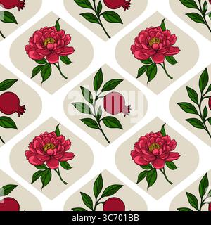 Seamless vector pattern featuring a repeating design of stylized peonies and pomegranates, arranged within a geometric, diamond-shaped motif on a beig Stock Vector