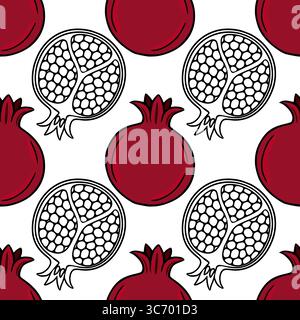 Seamless vector pattern of stylized pomegranates, featuring alternating whole red fruits and black and white cross-sections, creating a vibrant and co Stock Vector