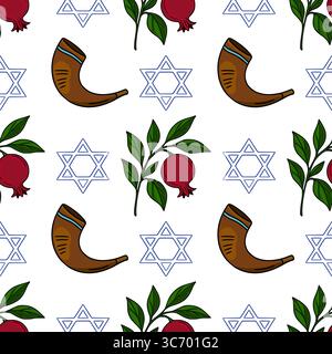 Seamless vector pattern featuring Rosh Hashanah symbols: shofar, pomegranate, and Star of David, designed in a vibrant, hand-drawn style for festive c Stock Vector