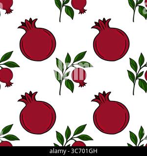 Seamless vector pattern of ripe pomegranates and green leaves, a vibrant illustration perfect for Rosh Hashanah or autumn designs. Stock Vector