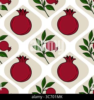 Seamless vector pattern of ripe pomegranates and leaves, arranged in a geometric design on a beige and white background, perfect for Rosh Hashanah or Stock Vector