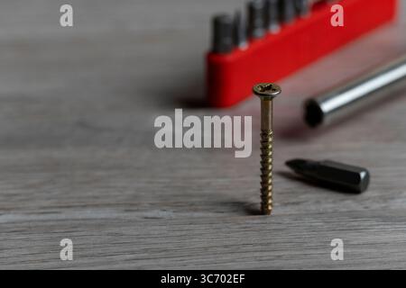 Detailed close-up of a metal screw standing upright on a wooden workbench, accompanied by a screwdriver bit and a red tool holder in the background Stock Photo