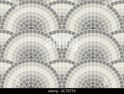 Seamless grayscale mosaic pattern with waves, portuguese style decorative scales pavement, monochrome stone tiling with rounded ornament, vector Stock Vector