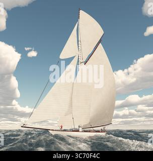 3D illustration sailing yacht at open sea towards sunset Stock Photo ...