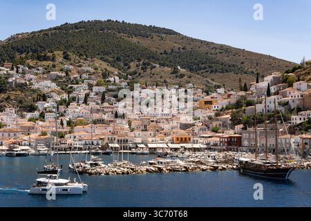 View of the port of Hydra town in Hydra island, Attica, Greece Stock Photo