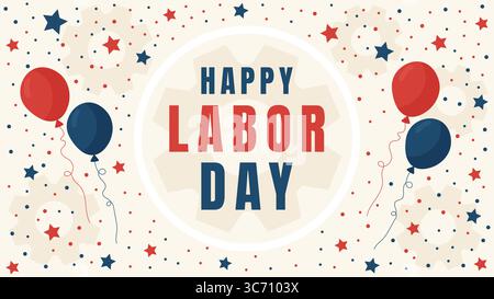 Happy Labor Day Poster with Balloons and Gears in Minimal Flat Style. Stock Vector