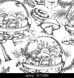 Baskets full of picked mushrooms, autumn forest harvest of bolete russula webcap milk-cap fungi with horsetail plant stalks, grass blades. Seamless Stock Vector