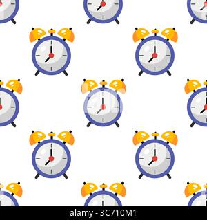 Blue alarm clock seamless pattern on white background. Cartoon style, flat textile design. Vector illustration of watch Stock Vector