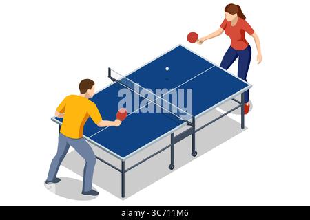 An isometric illustration of a man and a woman playing table tennis, each holding a paddle at a blue table with a net, depicting a friendly sports Stock Vector