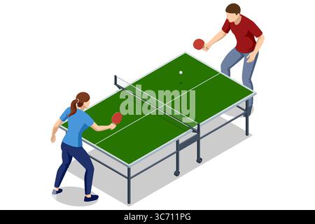 An isometric illustration of a man and a woman playing table tennis, each holding a paddle at a blue table with a net, depicting a friendly sports Stock Vector