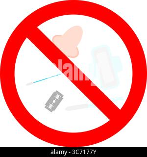 No throw in toilet symbol, tampon, pad or blade, vector of no flush, disposal tampon pad, sanitary razor, hygiene plumbing, illustration Stock Vector