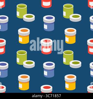 Gouache paints in jars set red, green, blue. Paint in bottles. Vector texture on blue background. Flat design. Stock Vector