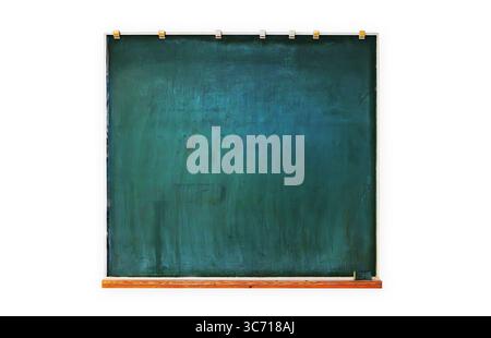 Empty chalkboard isolated on white background. Vintage green blackboard with wood ledge and  faded chalk marks. Stock Photo