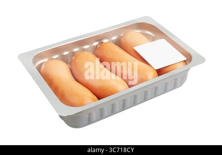 Boiled Sausages in pack, isolated on white background Stock Photo