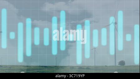 Displaying turquoise vertical bars rising over rural grassland wind farm, with grid and turbines Stock Photo
