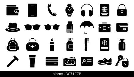 A diverse set of minimalist black icons featuring everyday objects and accessories. These symbols represent items like wallets, phones, and grooming p Stock Vector
