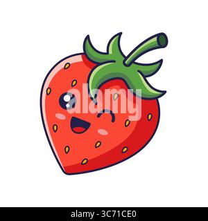 Cute Kawaii winking strawberry character set. Vector hand drawn cartoon icon illustration. Strawberry character in doodle style. Isolated on white background. Stock Vector