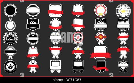 Collection of black and white badge designs with red ribbons on a dark gray background Stock Vector