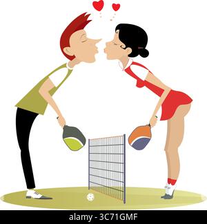 Pickleball court. Man and woman falling in love and kissing. Young man and woman playing pickleball. Love couple kissing on the pickleball court Stock Vector