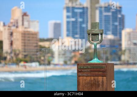BENIDORM, SPAIN - APRIL 9, 2025: Microphone monument commemorating Benidorm Fest song contest in Benidorm, Spain. Stock Photo