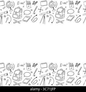 Back to school. Abstract blackboard. Black and white seamless border pattern with school supplies in doodle style on white background. Sketchy background with hand drawn school elements. Design for your business. Vector illustration Stock Vector