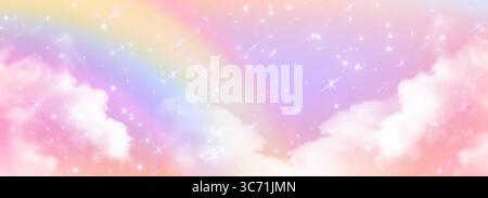 Magical unicorn sky with rainbow gradient and clouds. Pastel pink purple dreamscape with sparkling stars and soft cotton atmosphere for fantasy birthday party backdrop or fairy tale illustrations. Stock Vector