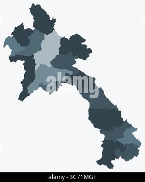 Map of Laos with regions. Just a simple country border map with region division. Blue-grey color palette. Stock Vector