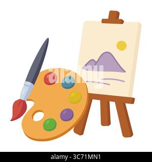 Colorful palette with brush and canvas on easel showing a mountain scene in flat cartoon style Stock Vector