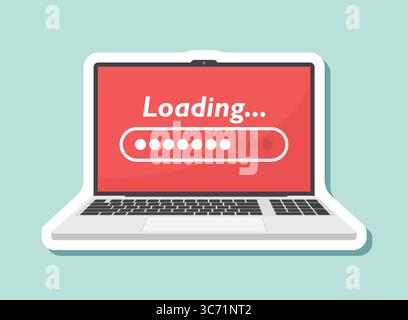 Laptop loading process sticker icon in flat style. Software update vector illustration on isolated background. Updating sign business concept. Stock Vector