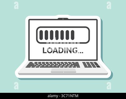 Laptop loading process sticker icon in flat style. Software update vector illustration on isolated background. Updating sign business concept. Stock Vector