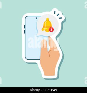 Hand holds phone with notifications sticker icon in flat style. Smartphone with new notice vector illustration on isolated background. Reminder messag Stock Vector