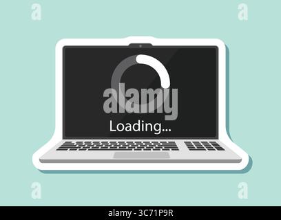 Laptop loading process sticker icon in flat style. Software update vector illustration on isolated background. Updating sign business concept. Stock Vector