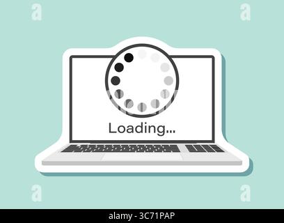 Laptop loading process sticker icon in flat style. Software update vector illustration on isolated background. Updating sign business concept. Stock Vector