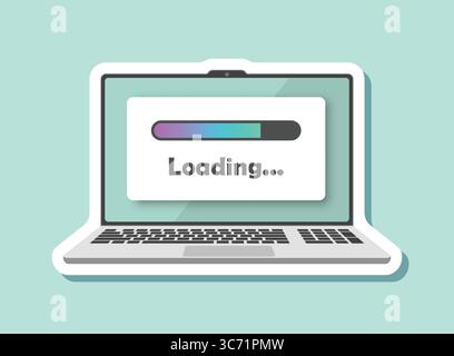 Laptop loading process sticker icon in flat style. Software update vector illustration on isolated background. Updating sign business concept. Stock Vector