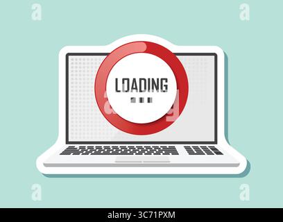 Laptop loading process sticker icon in flat style. Software update vector illustration on isolated background. Updating sign business concept. Stock Vector