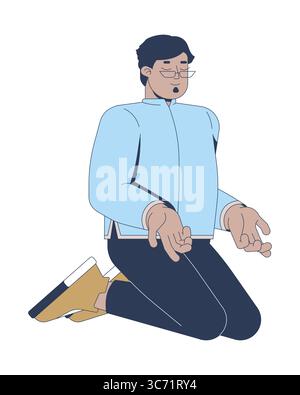 Glasses arab man meditating in prayer 2D cartoon character Stock Vector