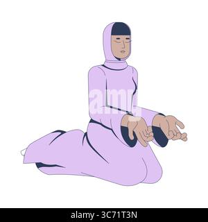 Muslim woman in purple hijab and modest dress kneeling with hands open 2D cartoon character Stock Vector