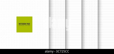 Collection seamless geometric notepad page fill set lined, squared, dotted, cross minimalistic pattern. Simple vector graphic white print background Stock Vector