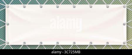 White mock up textile banner with eyelets and white ropes. Hanging advertising promo banner vector template isolated on transparent background Stock Vector
