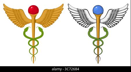 Gold Caduceus Medical Icon Vector Flat Style element set. Medical Snake Rod with Wings Caduceus Golden Cartoon Logo Sign Template Vector Isolated Stock Vector