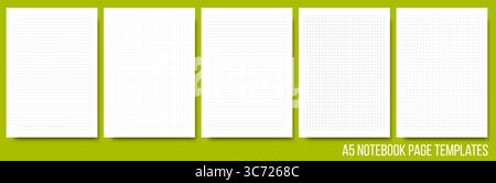 Notepad page layouts set in lined, squared, dotted, cross pattern. Note, notebook paper sheet on background. Vector illustration. Collection of white Stock Vector